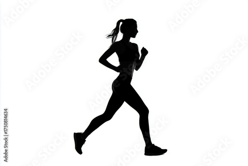 Side view silhouette of a young athletic woman running against white background, symbolizing health, fitness, energy, and determination in a minimalistic style.