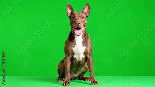 Alert Brown Dog with White Chest Sitting on Green Screen Background, Looking Directly at Camera