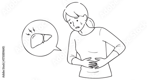 Woman holding her stomach in pain with a liver icon, indicating liver discomfort isolated on transparent background