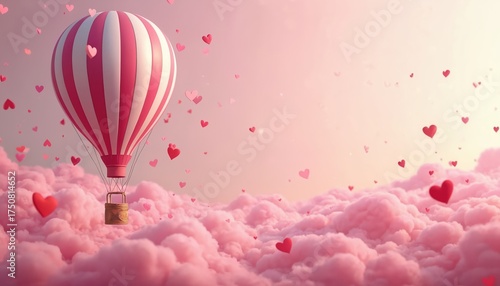 Pink, white hot air balloon floats above soft fluffy pink clouds. Red hearts scatter in lovely romantic sky. Cute festive scene for Valentine Day special event celebration. Dreamy background graphic
