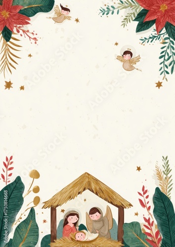 Adorable Christmas background with a cartoon-style nativity, angels, and colorful foliage, perfect for children’s greeting cards and festive stationery.