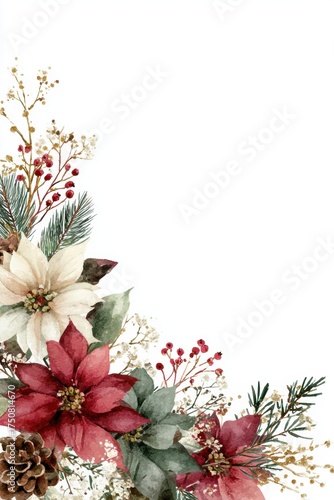 Elegant watercolor Christmas frame featuring red and white poinsettias, pine branches, and berries, perfect for holiday invitations and cards.