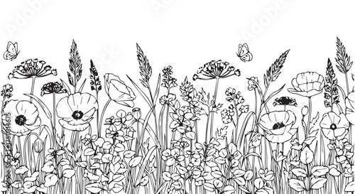 Black and white illustration of a field of wildflowers and grasses isolated on transparent background