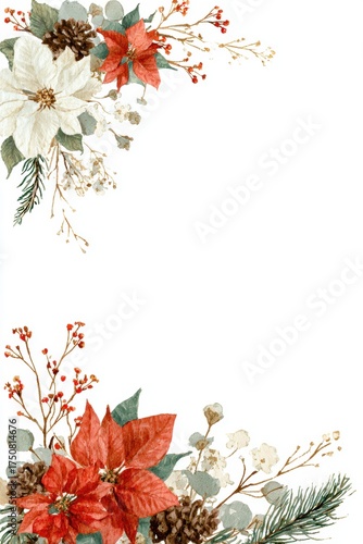 Delicate Christmas watercolor border featuring red and white poinsettias, pinecones, and berries, ideal for seasonal cards and elegant invitations.