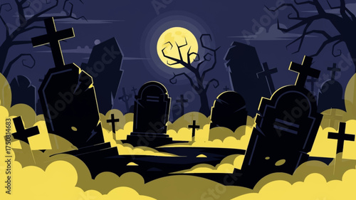 Spooky graveyard, black tombstones, yellow mist, flat cartoon style