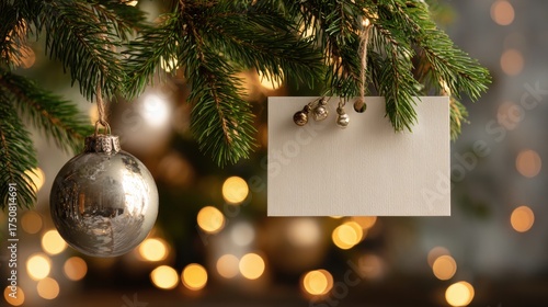 Elegant Christmas decoration featuring a shiny silver ornament and a blank card with tiny bells hanging from a pine branch, glowing with warm lights.