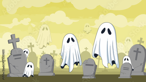 Ghost Hill ghosts in graveyard, flat style, yellow foggy background