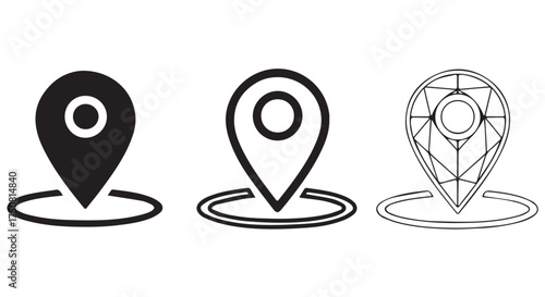 Three different styles of map pin icons isolated on transparent background