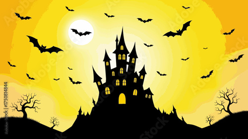 Flying Bats bats over haunted castle, black silhouettes, yellow glowing sky