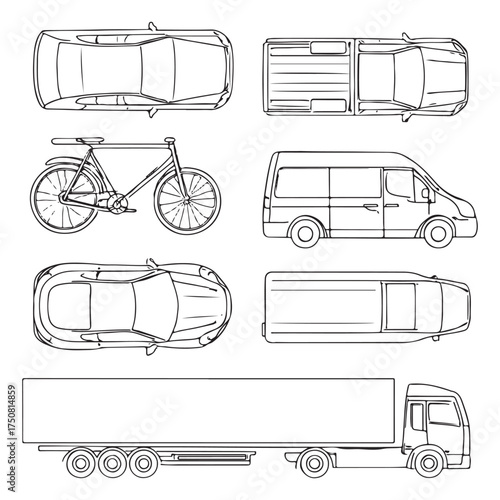 Set of outline vector car, bike, truck vehicles. Top and side view. Vector illustration