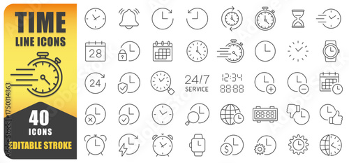 Time Line Icon Set. A Collection Of 40 Editable Stroke Thin Line Icons Representing Clocks, Watches, Timers, Calendars, And Schedules. Perfect For Time Management, 24 7 Service. Isolated Vector.