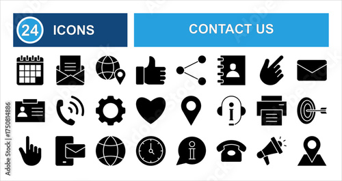 Contact us icons set featuring home, call, like, fax, message, landing page, location, smartphone, cloud, contact, name, and data. Solid vector icons collection.