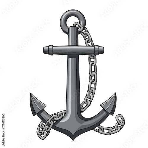 A classic gray metal anchor with a chain wrapped around it, isolated on a white background.