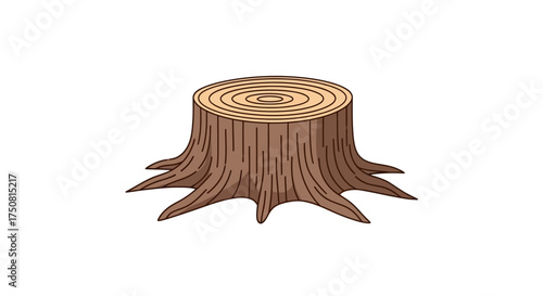 A detailed illustration of a brown tree stump with visible growth rings and roots, isolated on a white background.