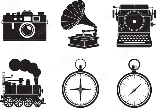 Vintage icons camera, gramophone, typewriter, train, compass