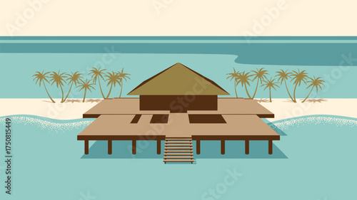 Illustration of a bungalow on stilts in the ocean with palm trees and a beach on a sunny day