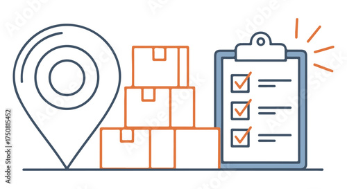 Delivery tracking and checklist icon with boxes and location pin isolated on transparent background