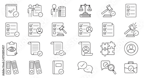 Collection of legal and business document icons isolated on transparent background