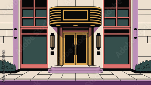 Illustration of a building facade with a retro design and symmetrical architectural elements present
