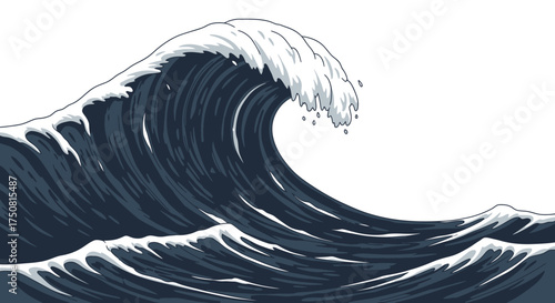 A powerful ocean wave cresting and breaking with white foam against a clear sky.