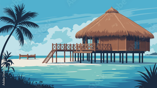 Illustration of a tropical hut on stilts in the ocean with a palm tree and bed on the beach