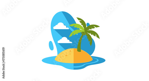 Tropical island getaway with palm tree and scenic cloudscape in a flat design style