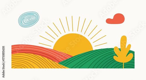 Stylized sunrise over rolling hills with whimsical elements and bright colors