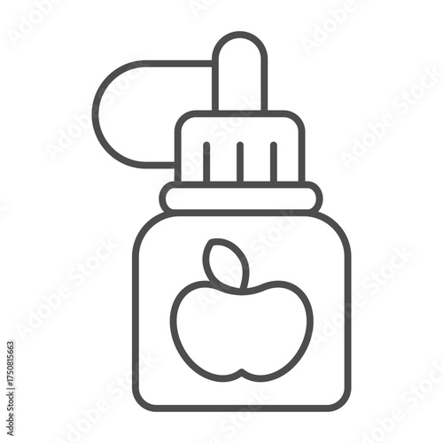 Jar of apple thin line icon, vaping concept. Vector graphics. Filling liquid sign on white background, outline style icon for mobile or web design.