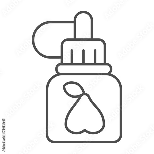 Jar with pear thin line icon, vaping concept. Vector graphics. Liquid filling sign on white background, outline style icon for mobile or web design.