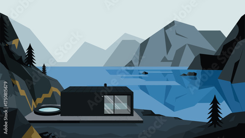 A modern house by a lake with mountains in the background in a minimalist vector illustration style