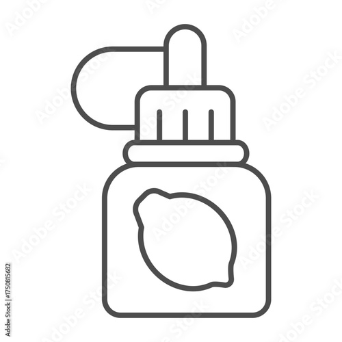 Jar with lemon thin line icon, vaping concept. Vector graphics. Liquid filling sign on white background, outline style icon for mobile or web design.