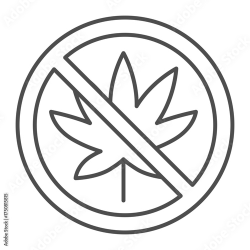 Illegal marijuana ban thin line icon, dangers of smoking concept. Vector graphics. Prohibited item sign on white background, outline style icon for mobile or web design.
