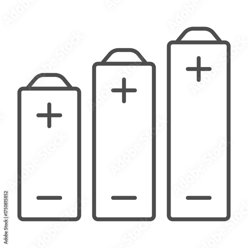 Batteries of different capacities thin line icon, tech concept. Vector graphics. Battery sign on white background, outline style icon for mobile or web design.