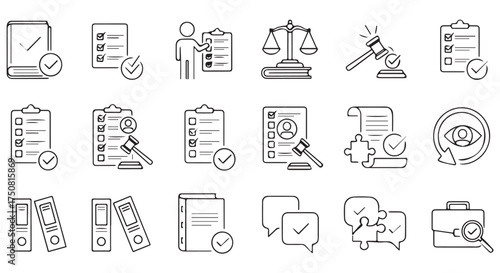 Collection of legal and business icons representing documents, justice, and review isolated on transparent background