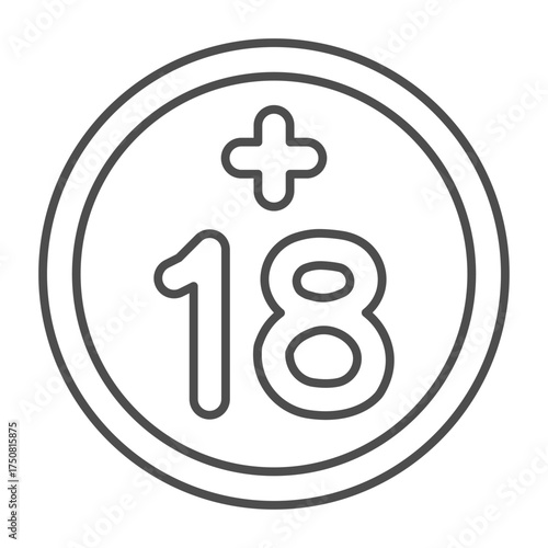 Eighteen years old thin line icon, adults concept. Vector graphics. Reaching the age of majority sign on white background, outline style icon for mobile or web design.