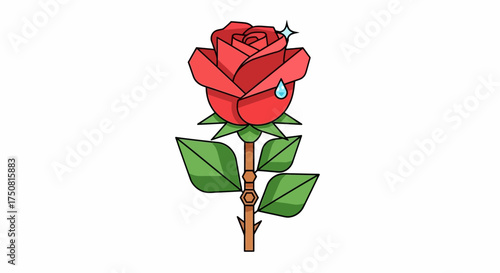 A single red rose with a dewdrop and sparkles.