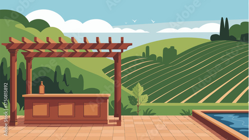 A cartoon illustration of an outdoor bar in a vineyard with a pool and rolling green hills behind it