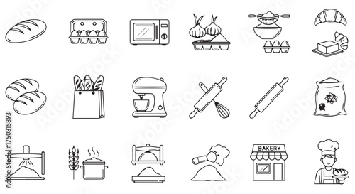 Collection of bakery and baking icons isolated on transparent background