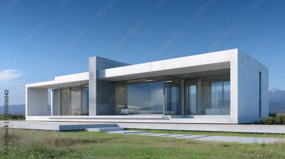 Fototapeta premium modern flat roof house, concrete and glass materials, blue sky background, real photo, ultra-realistic, 35mm lens, sunny day