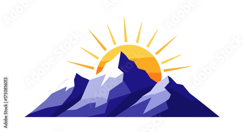 Stylized mountain range landscape with a vibrant rising sun for adventure and exploration concept