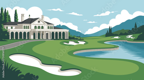 Illustration of a golf course with a large mansion, sand traps, and a lake on a bright sunny day