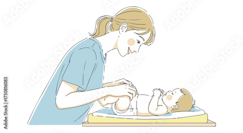 Mother changing babys diaper on changing table isolated on transparent background