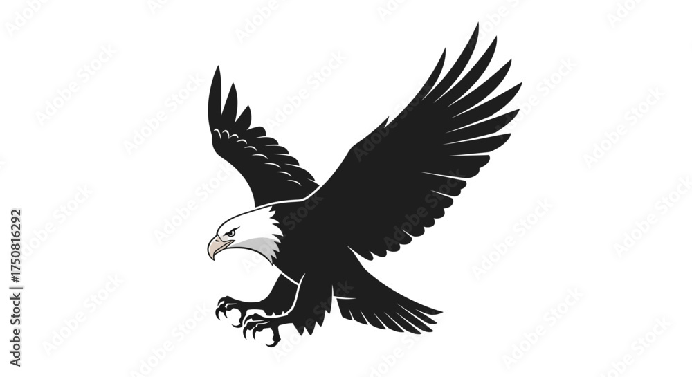 Fototapeta premium Illustrative american bald eagle in flight, showcasing majestic wings and sharp talons, set
