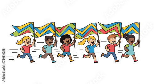 Enthusiastic youngsters joyfully parade onward with vibrant celebratory flags raised aloft