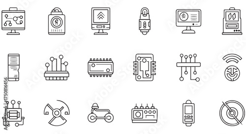Collection of technology and science icons in a line art style, isolated on transparent background