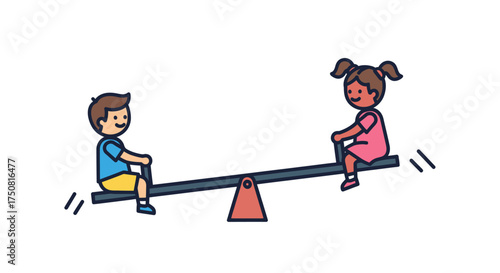 Playground Fun: A Whimsical Illustration of Childhood Friendship on a See-Saw Teeter-Totter