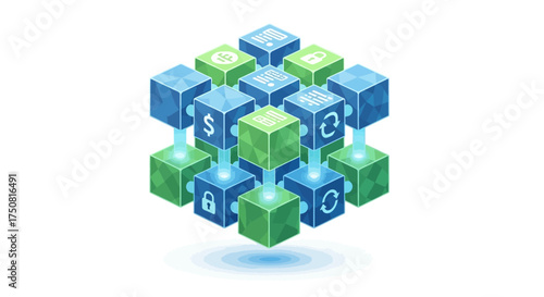 Isometric illustration showcasing blockchain technology and secure digital connectivity