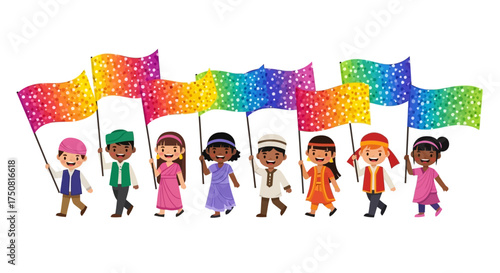 Diverse children holding rainbow flags promote inclusivity and global unity through joyful parade