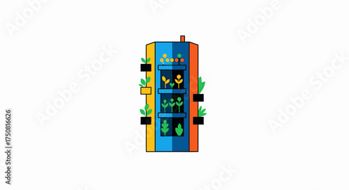 Stylized vertical farm with various plants growing inside a blue, yellow and orange structure