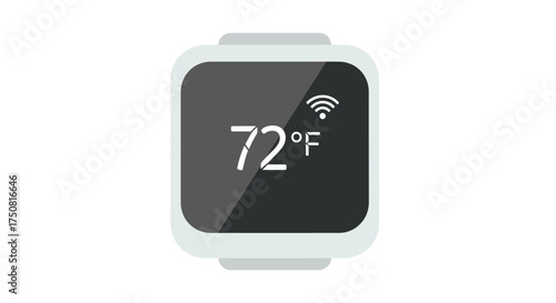 Smart home thermostat displaying the ideal room temperature with wireless connection symbol